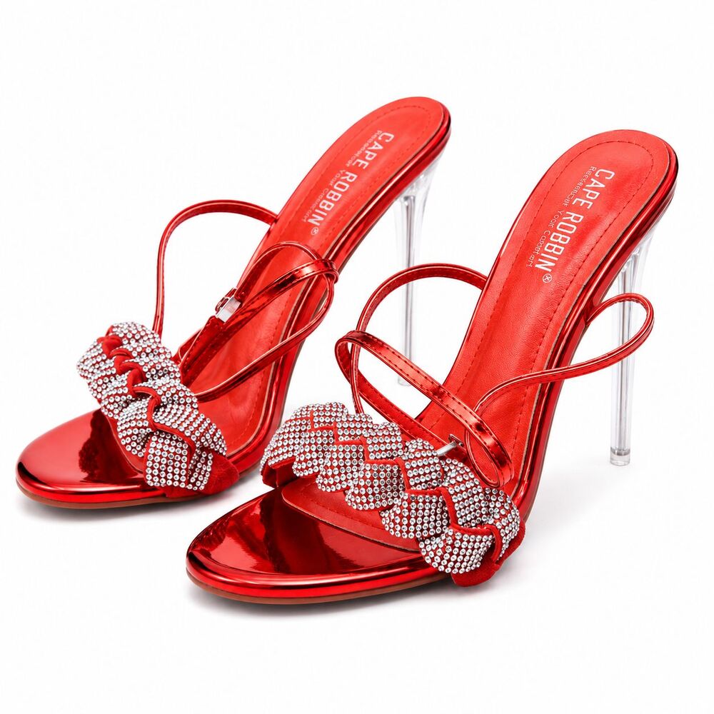 Cape Robbin Evans Red Rhinestone Lucite Heels Ankle Strap Womens 8 - Picture 2 of 10